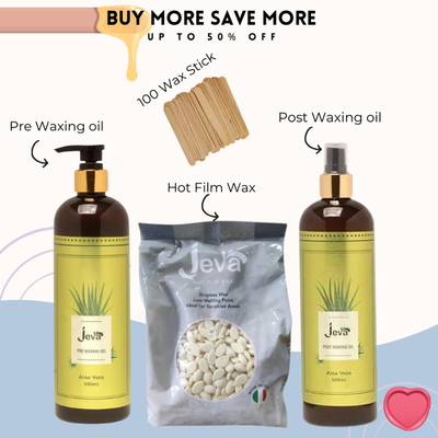 Jeva Brazilian Waxing Essentials Combo Pack (Pre Waxing Oil, Post Waxing Oil, Film Wax)