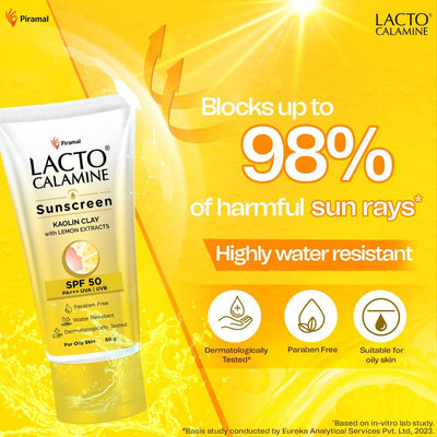 Lacto Calamine Daily Sunscreen SPF 50 PA+++ | For Oily Skin | With Kaolin Clay & Lemon Extracts | 50g