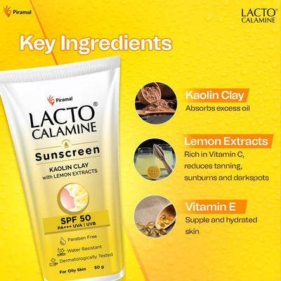 Lacto Calamine Daily Sunscreen SPF 50 PA+++ | For Oily Skin | With Kaolin Clay & Lemon Extracts | 50g