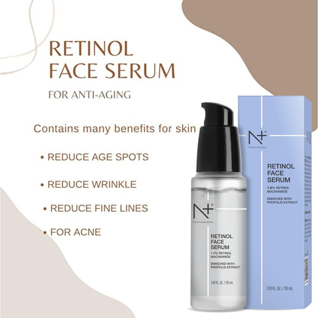 N Plus Professional Retinol Face Serum, For Anti-Aging, Brighter Looking Skin and Reducing Age Spots, Paraben Free, 30ml.