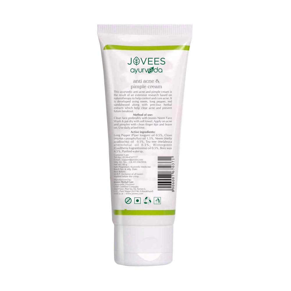 Jovees Herbal Anti Acne & Pimple Cream For Oily, Sensitive & Acne Prone Skin | Remove Pimple & Dark Spots 60G