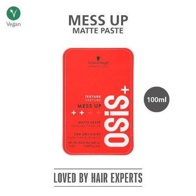 Schwarzkopf Professional OSiS+ Mess Up Hair Styling Matte Paste |Easy to Mould |Easy to apply and Wash | Vegan | Medium Hold | Dry and Non-Greasy | Matte finish| Pomade | 100 ml