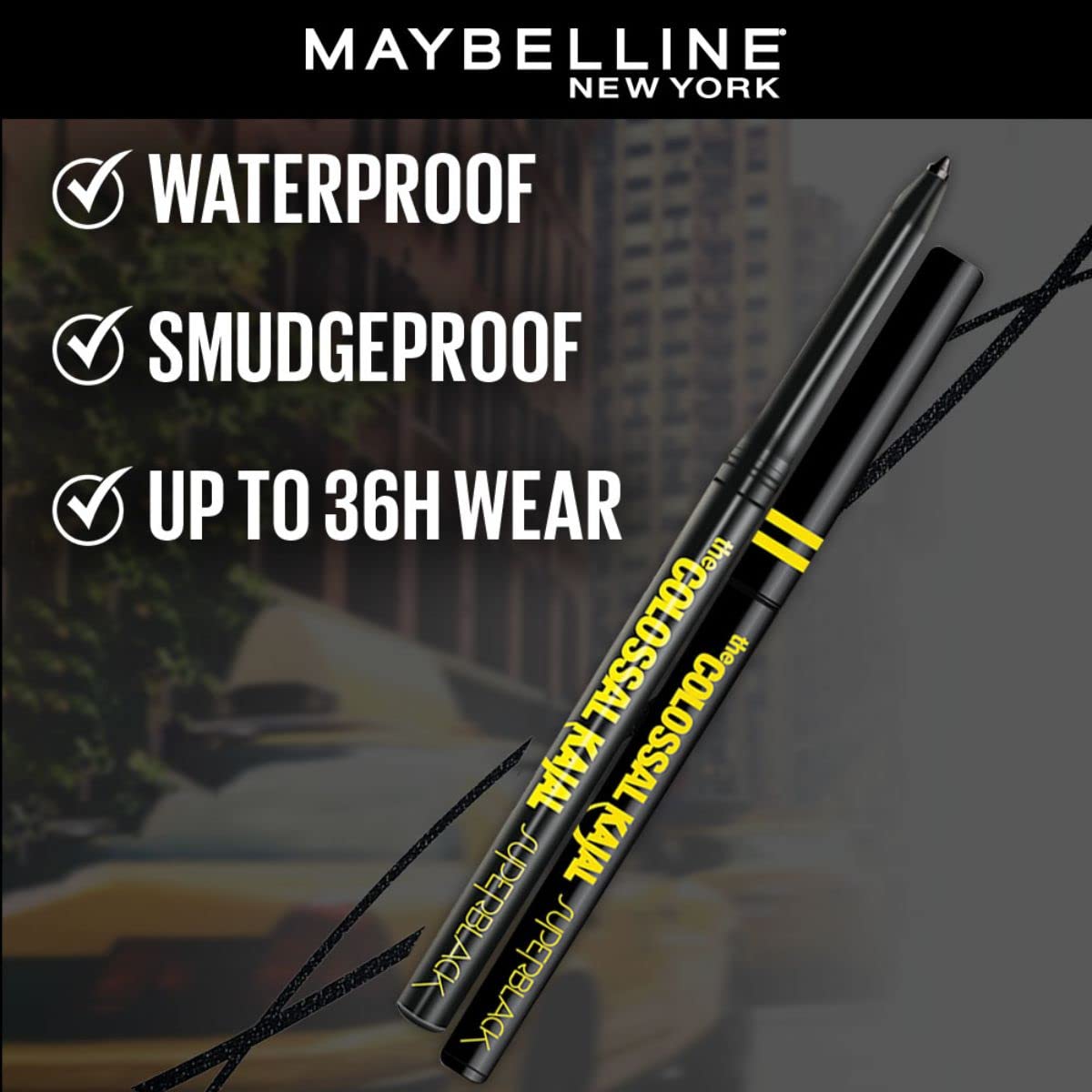 Maybelline New York Kajal Pencil, Super Black, Intense Colour, Sharp Definition, Long-Lasting, Colossal Kajal, 0.35G, Matte Finish