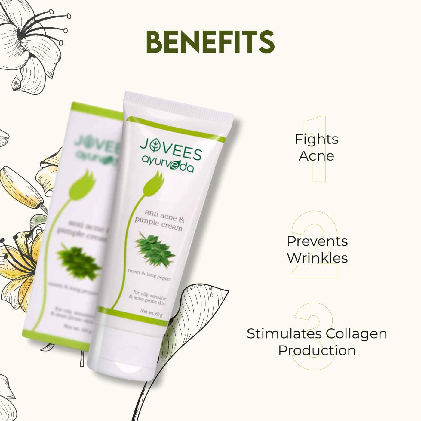 Jovees Herbal Anti Acne & Pimple Cream For Oily, Sensitive & Acne Prone Skin | Remove Pimple & Dark Spots 60G