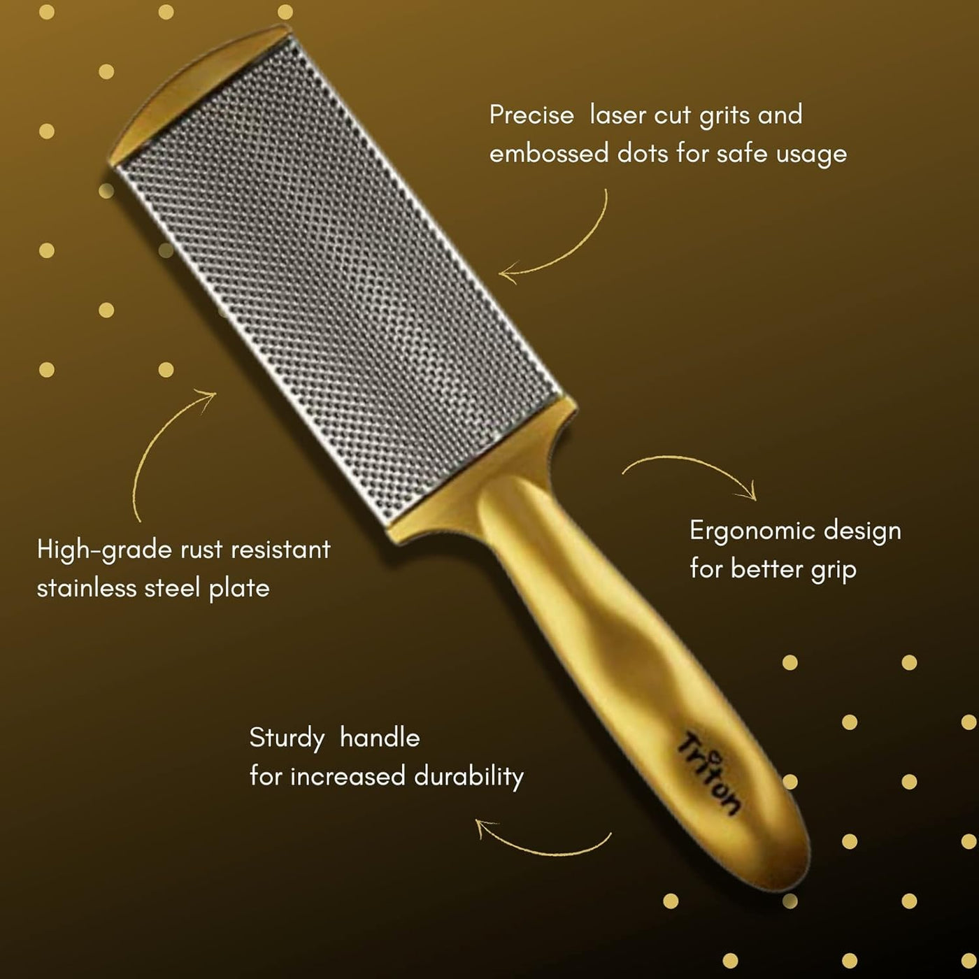 TRITON Professional Dual Sided Foot Scraper for Pedicure Filer with Steel n Emery Pad, Hard n Dead Skin Removing Callus Remover Foot Scrubber_Golden