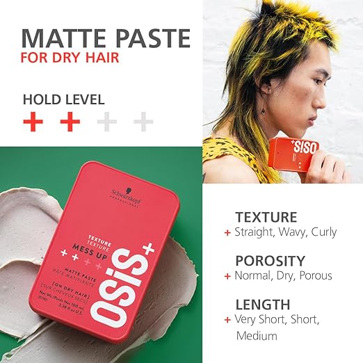 Schwarzkopf Professional OSiS+ Mess Up Hair Styling Matte Paste |Easy to Mould |Easy to apply and Wash | Vegan | Medium Hold | Dry and Non-Greasy | Matte finish| Pomade | 100 ml