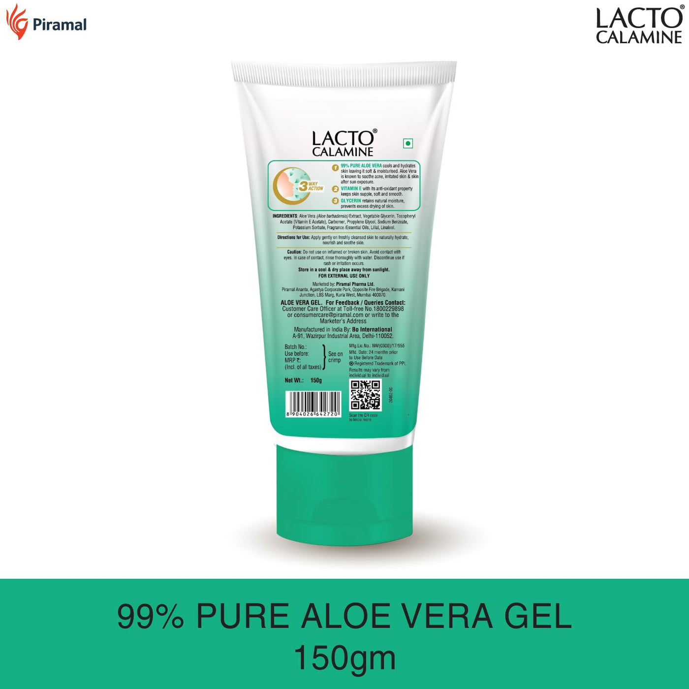 Lacto Calamine Aloe Vera Gel for Face & Body - 150g | Hydrating Moisturizer with Aloe Vera, Vitamin E & Glycerin