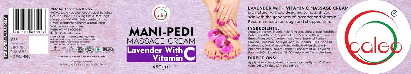 Caleo 100% Natural Deep Cleanse Lavender Meni Pedi Massage Cream For Visibly Glowing Skin All Skin Types (Pack of 1, 250 gram)