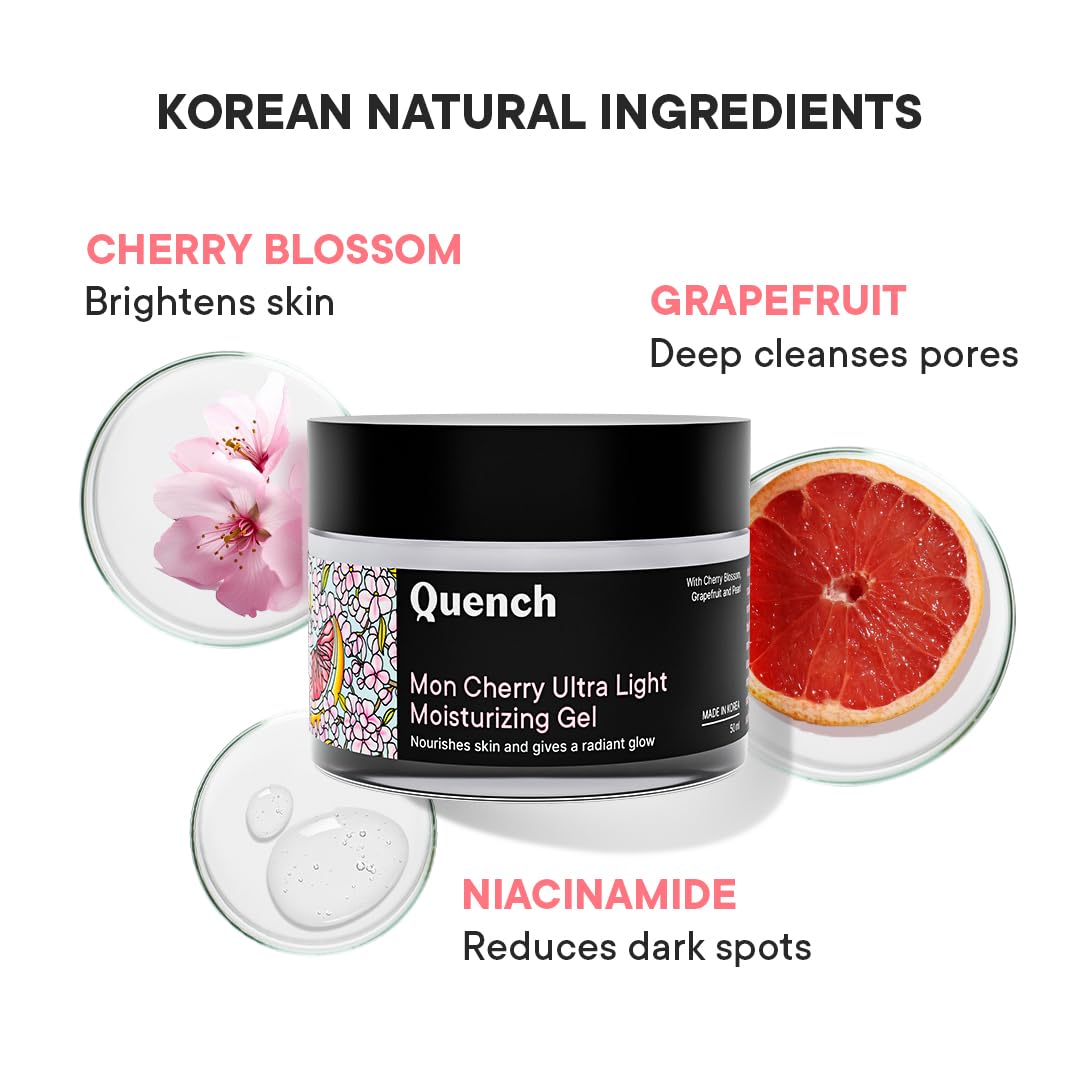 Quench Ultra Light Moisturizer with 2% Niacinamide, Cherry Blossom & Pearl Extracts| Brightens Skin, Calms Inflammation and Prevents Signs of Ageing| Made in Korea| For All Skin Types (50ml)