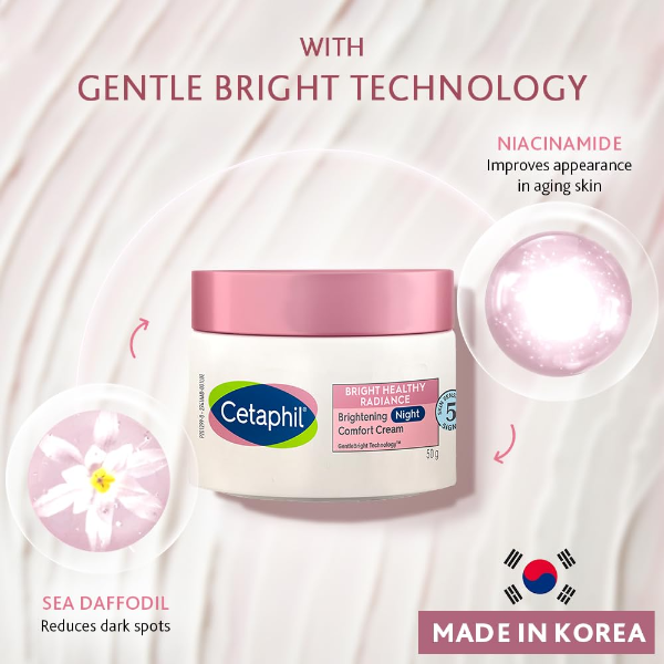 Cetaphil Brightening Night Comfort Cream - 50 G For Dark Spots, Uneven Skin Tone| Hyaluronic Acid & Niacinamide| Fragrance Free| Dermatologist Recommended