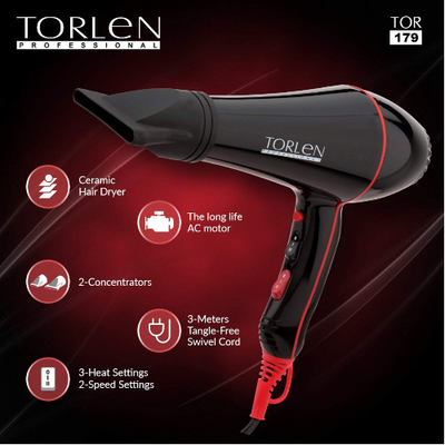 Torlen Professional 179 Hot And Cold Blow Hair Dryer | 2000 Watts Ceramic | Hair Drying Machine For Men and Women | Black Color