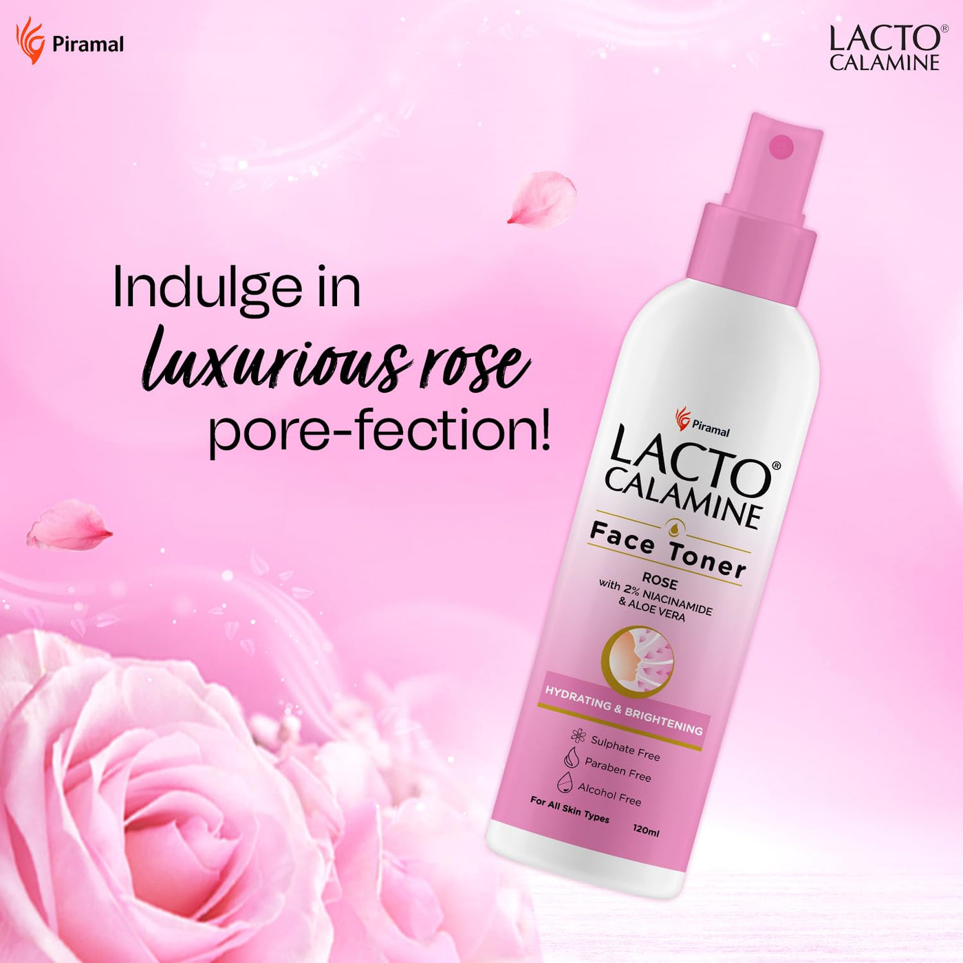 Lacto Calamine Rose Water Toner | 120ml | Gulab Jal with Aloe Vera & 2% Niacinamide | Cleanses, Hydrates & Moisturises Skin