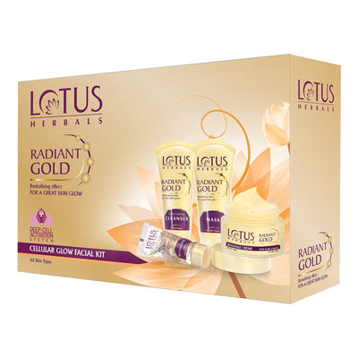 Lotus Herbals Radiant Gold Facial Kit For Instant Glow With 24K Pure Gold & Papaya,4 Easy Steps, (Multiple Use)170g (Pack of 1)