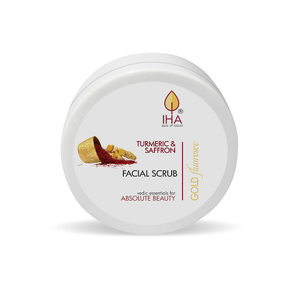 IHA Gold Fluoresce Facial Scrub - Herbal Face Scrub with Turmeric and Saffron, Clearing Impurities, Exfoliation and Depigmentation for Glowing Skin - Skin Lightening Face Scrub for Women, Normal to Dry Skin - 500G