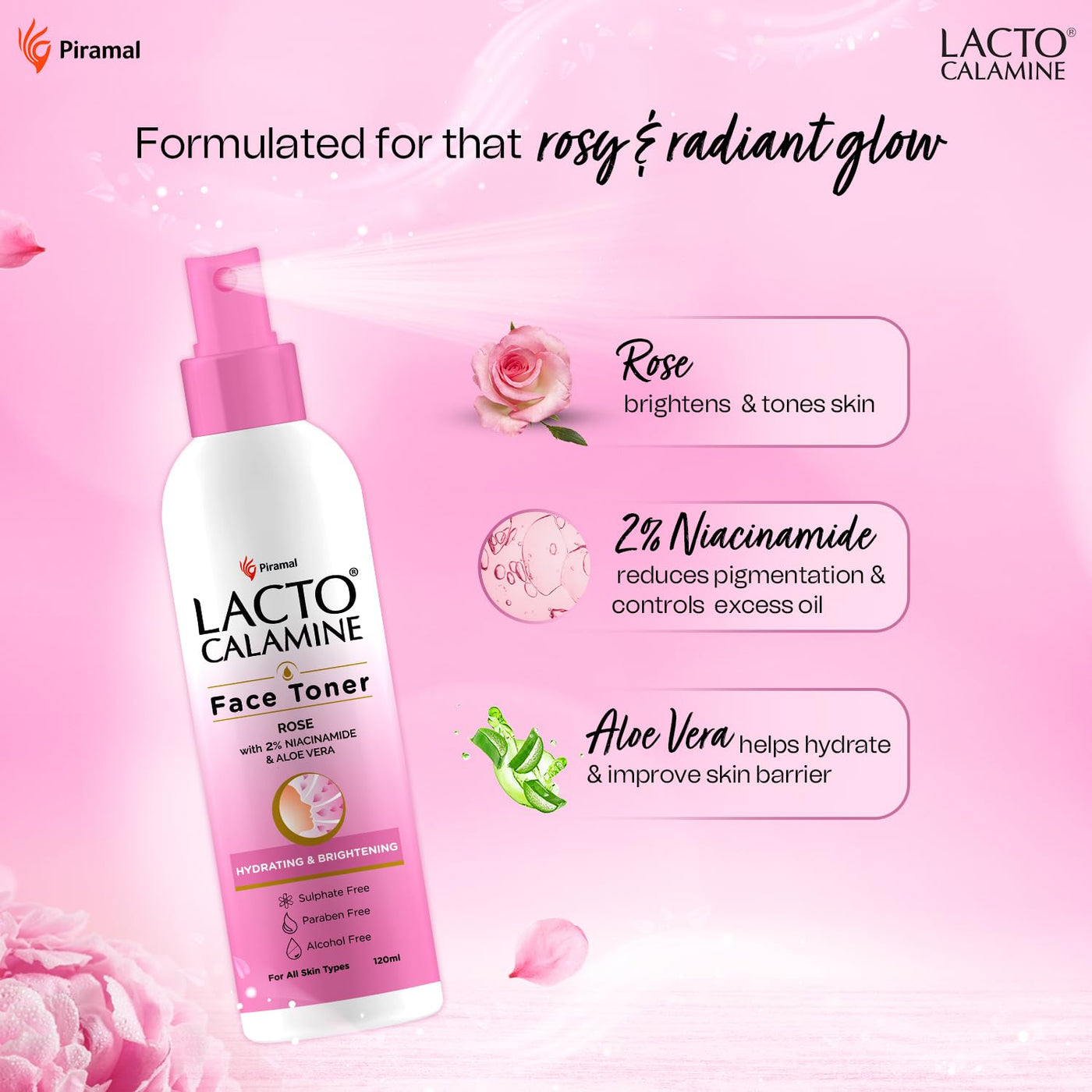 Lacto Calamine Rose Water Toner | 120ml | Gulab Jal with Aloe Vera & 2% Niacinamide | Cleanses, Hydrates & Moisturises Skin