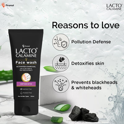 Lacto Calamine Activated Charcoal Face Wash with Aloe Vera & Tea Tree Extract | 100ml | Deep Skin Detox