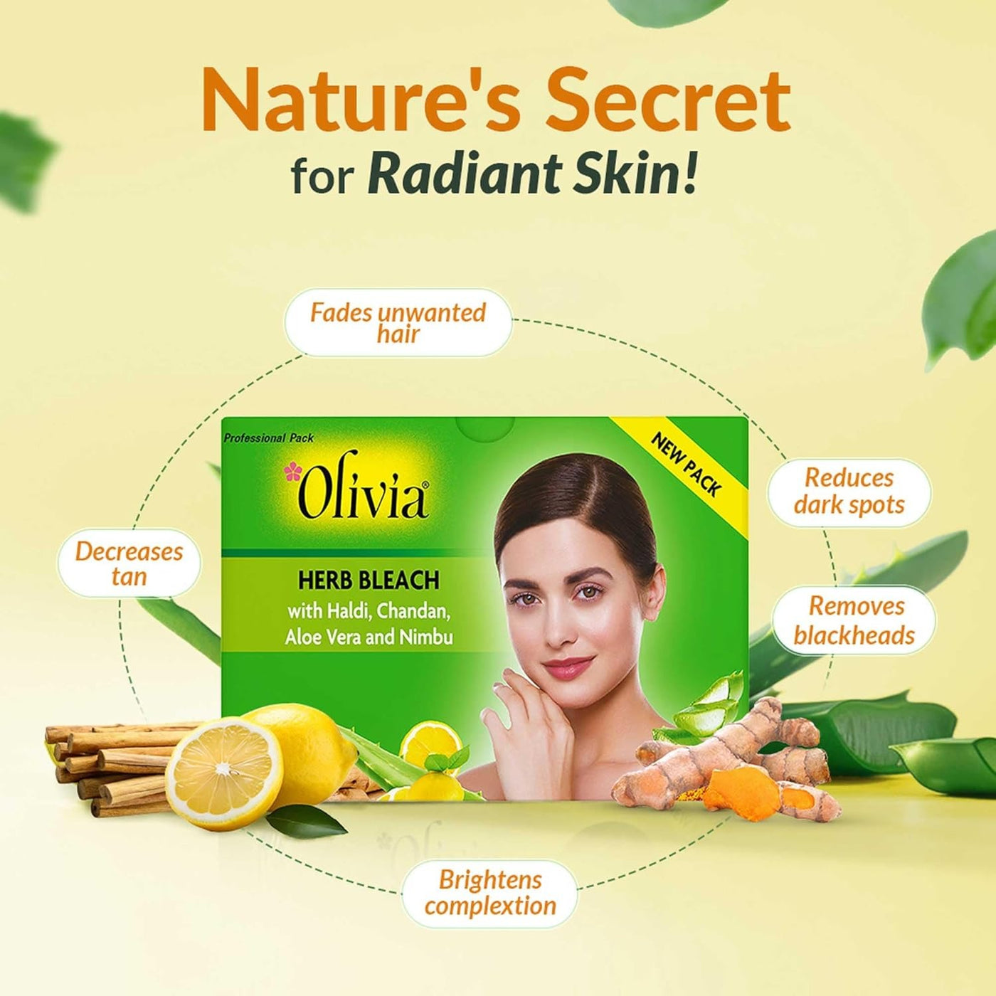 Olivia Professional Herb Bleach for Sensitive Skin | With Haldi, Chandan, Aloe Vera & Nimbu | 270g