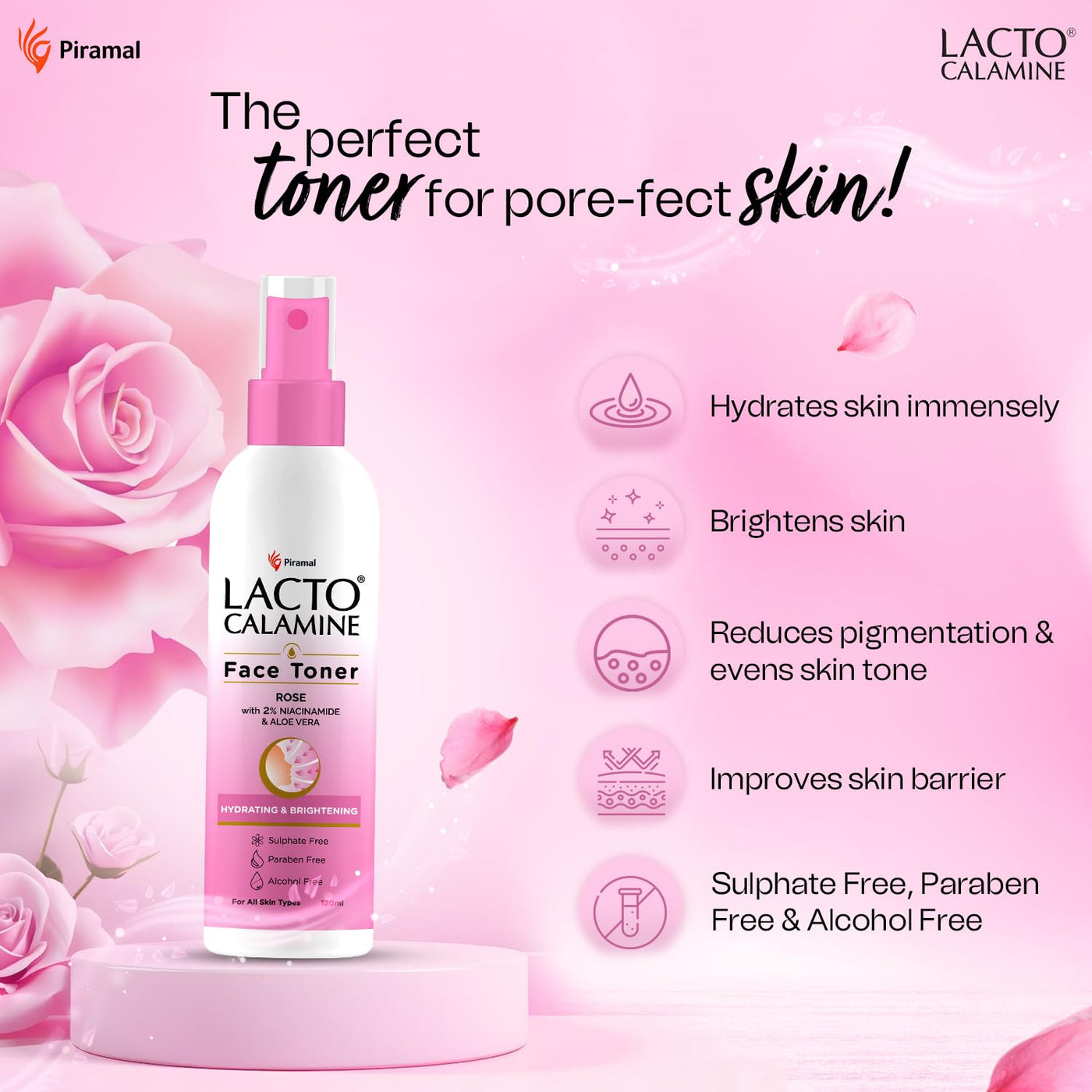 Lacto Calamine Rose Water Toner | 120ml | Gulab Jal with Aloe Vera & 2% Niacinamide | Cleanses, Hydrates & Moisturises Skin