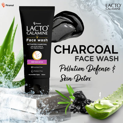 Lacto Calamine Activated Charcoal Face Wash with Aloe Vera & Tea Tree Extract | 100ml | Deep Skin Detox