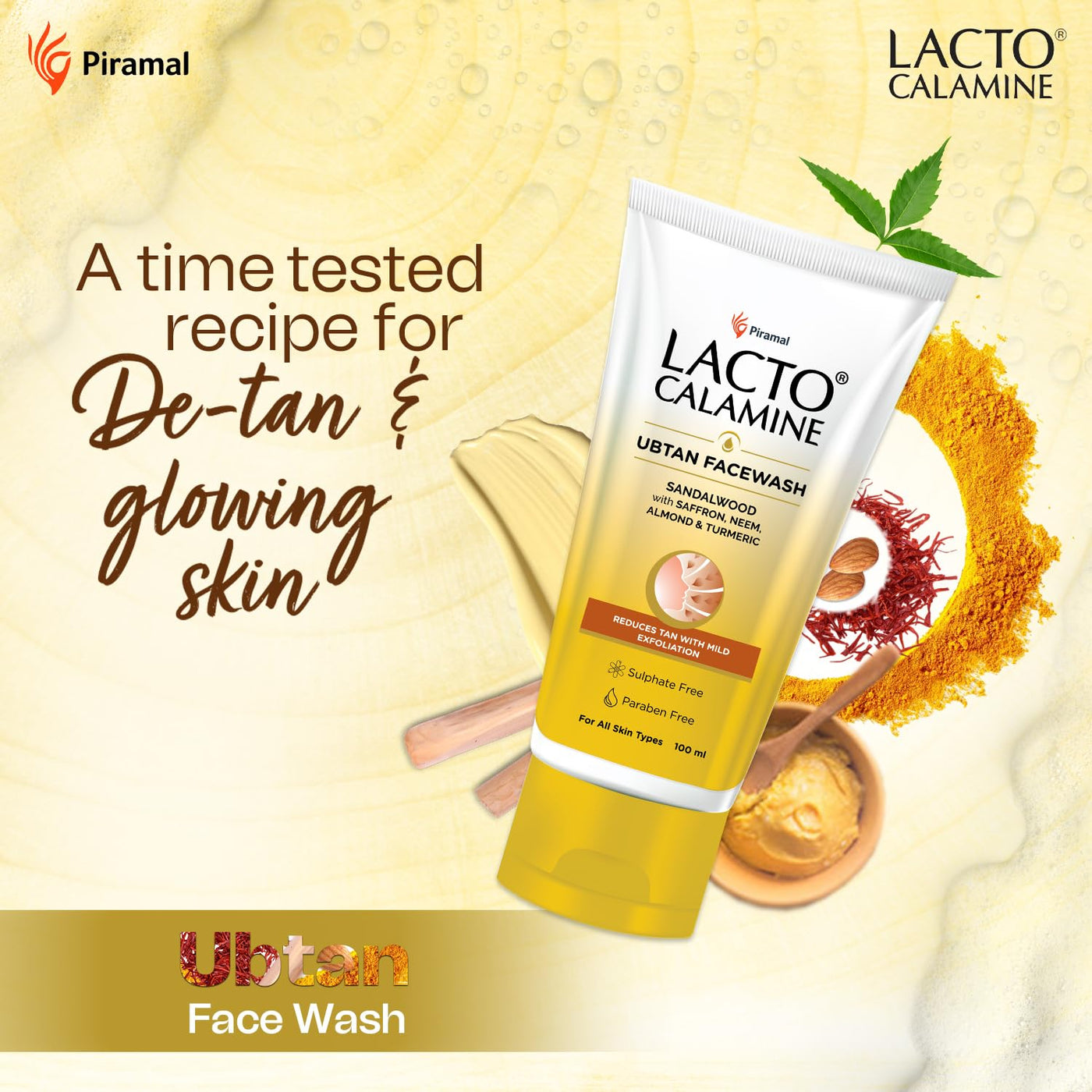 Lacto Calamine Ubtan Face Wash for Glowing Skin - 100ml | With Sandalwood, Saffron, Neem & Turmeric