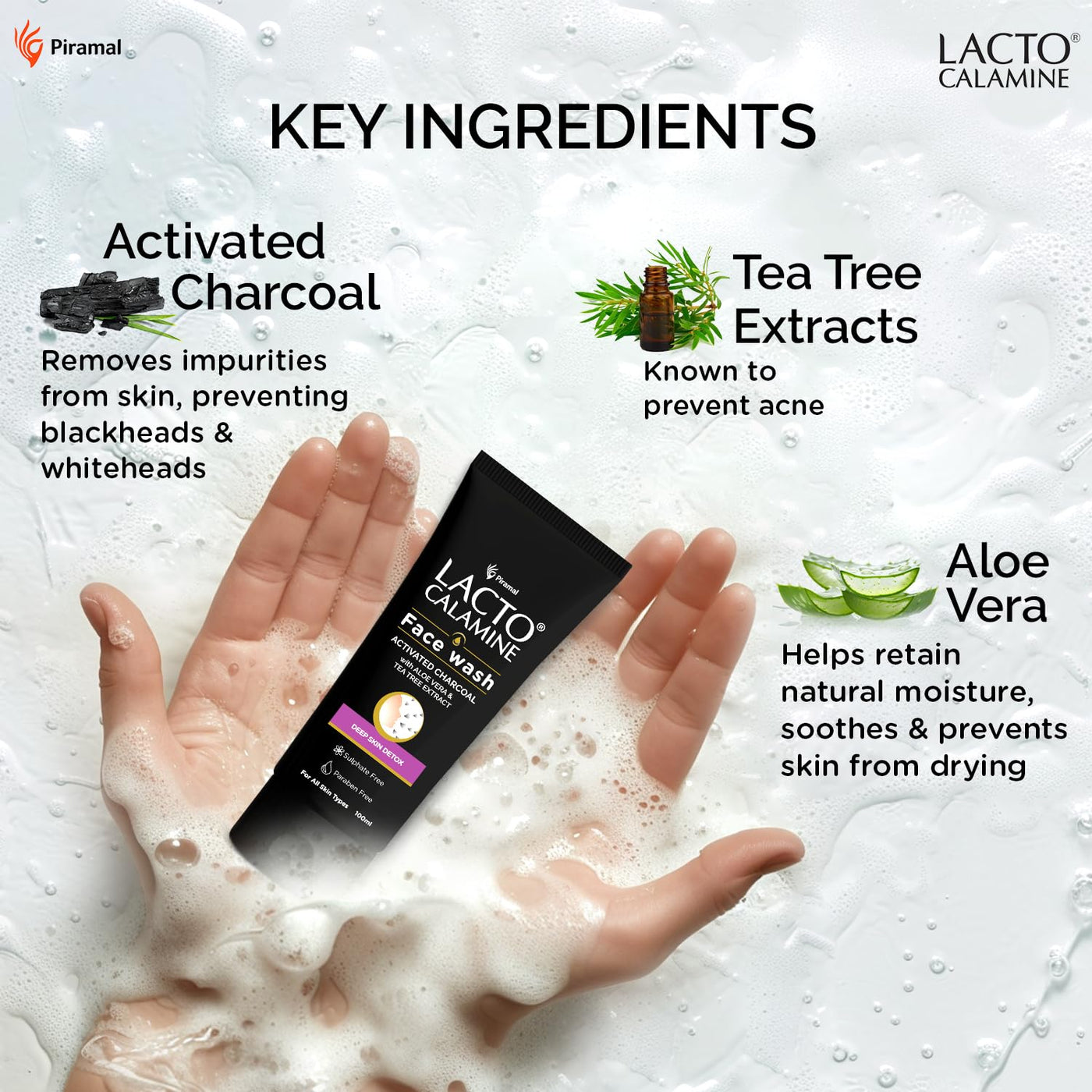 Lacto Calamine Activated Charcoal Face Wash with Aloe Vera & Tea Tree Extract | 100ml | Deep Skin Detox