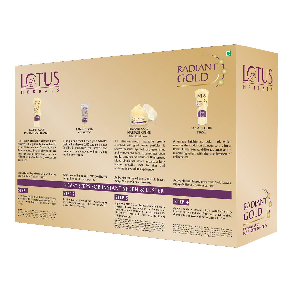 Lotus Herbals Radiant Gold Facial Kit For Instant Glow With 24K Pure Gold & Papaya,4 Easy Steps, (Multiple Use)170g (Pack of 1)