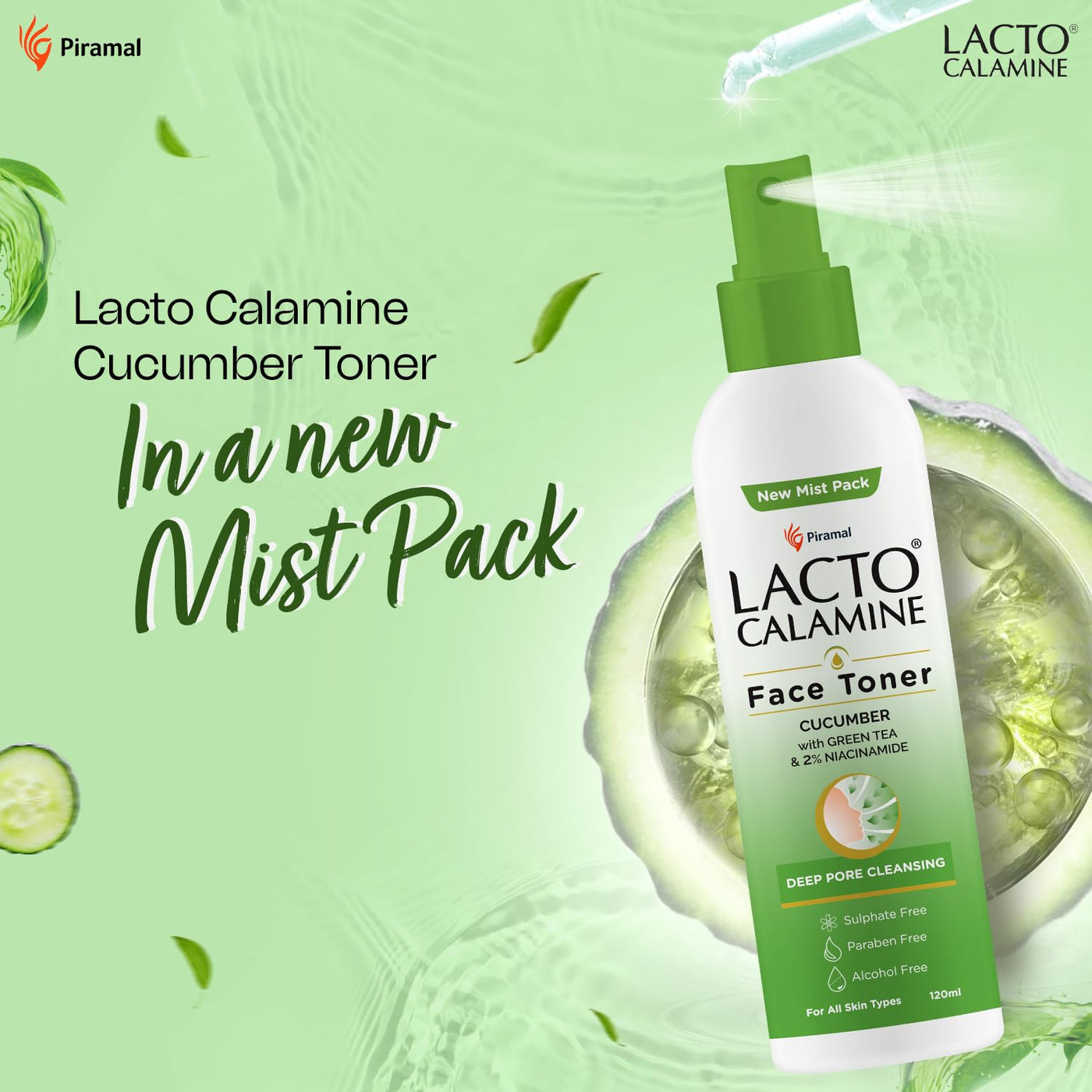 Lacto Calamine Face Toner with Cucumber | 120ml | Deep Pore Cleansing & Tightening | Green Tea & 2% Niacinamide | Cooling Hydration for Skin