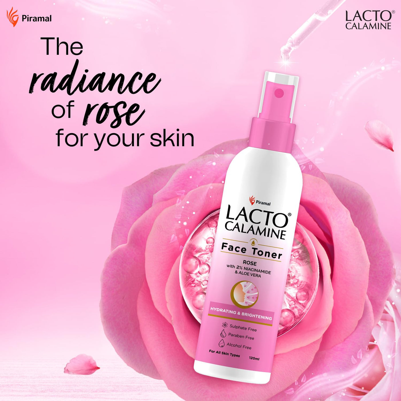 Lacto Calamine Rose Water Toner | 120ml | Gulab Jal with Aloe Vera & 2% Niacinamide | Cleanses, Hydrates & Moisturises Skin