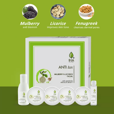 IHA Anti Tan Facial Kit - Herbal Mini Facial Kit with Mulberry and Licorice, Tan Removal, Radiant and Glowing Skin, Face Cleanup Kit for Normal to Dry Skin