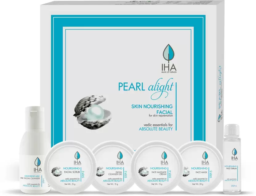 IHA Pearl Alight Skin Nourishing Facial Kit - Herbal Skin Lightening Mini Facial Kit for Radiant and Glowing Skin, Face Cleanup Kit for Normal to Dry Skin (Combo of 6)