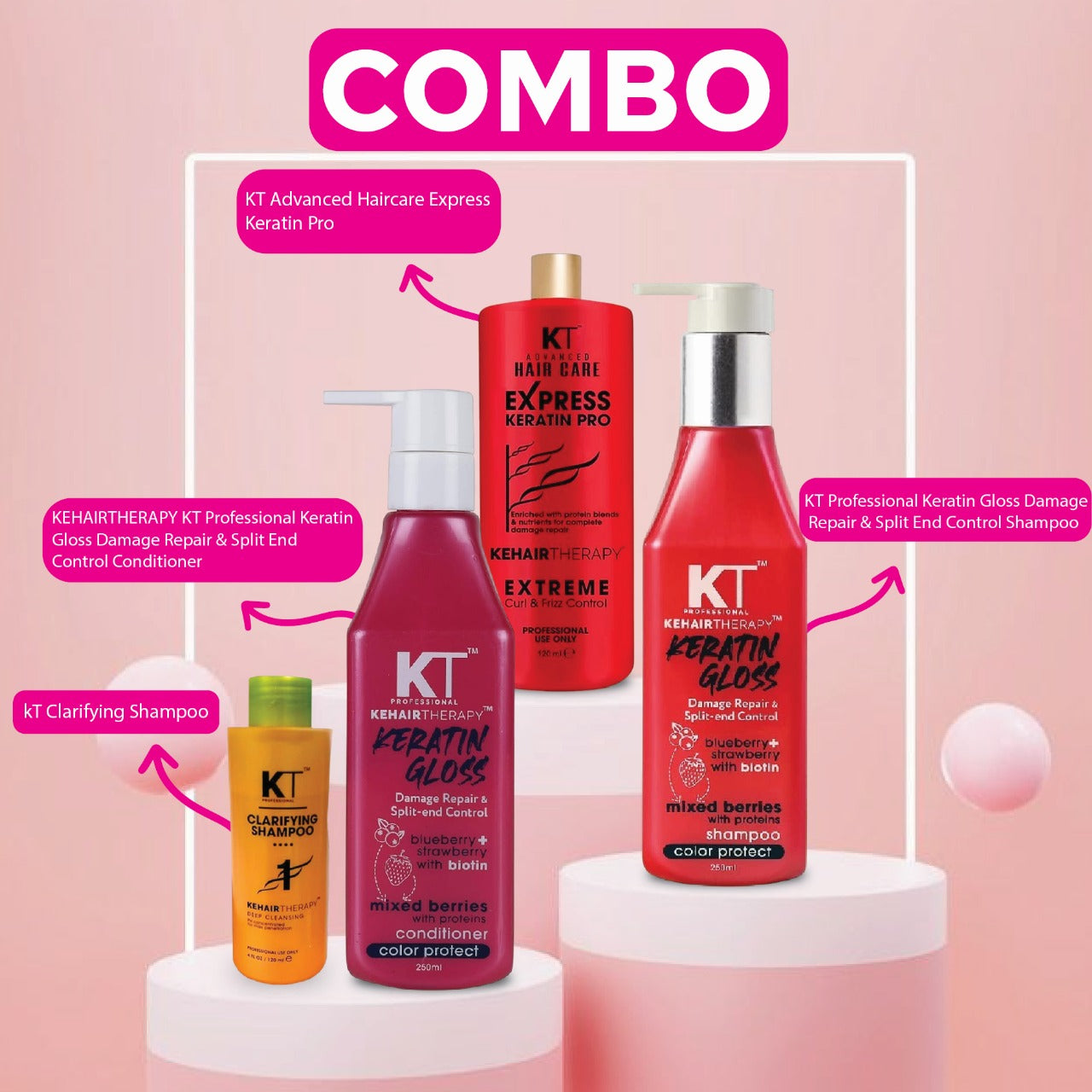 KEHAIRTHERAPY Complete Keratin Care Combo | Clarifying Shampoo, Keratin Gloss Repair Shampoo & Conditioner, and Express Keratin Pro Treatment