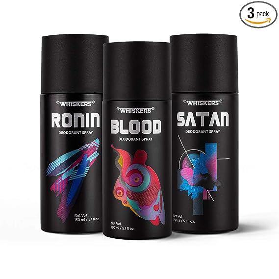 Whiskers Body Deodorant Spray Perfume 150ml (Combo of Blood, Ronin & Satan, Pack of 3)