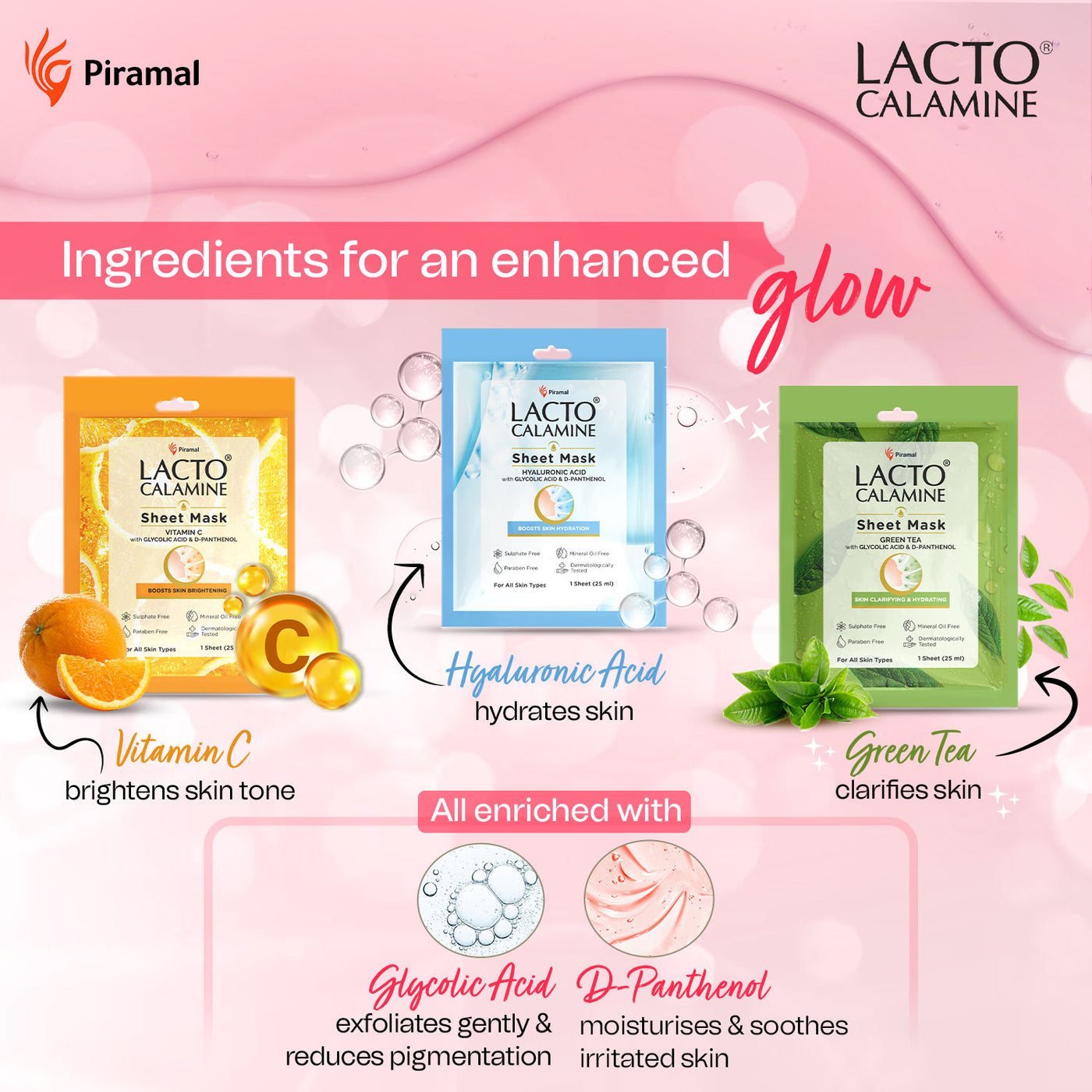 Lacto Calamine Vitamin C Face Sheet Mask with Antioxidants | Nourishing, Brightening & Glowing Skin | 25ml